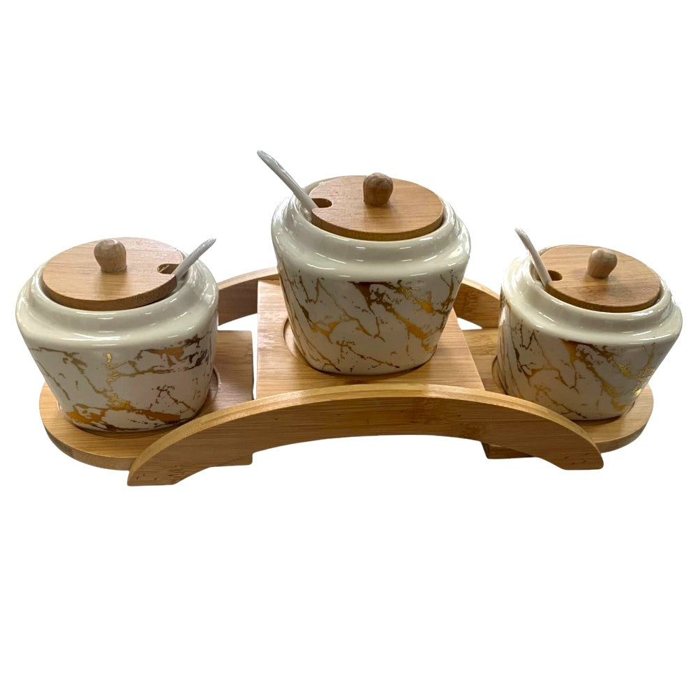 Set 3 borcanase pentru Condimente cu capace, lingurite si suport, Ceramica si Lemn
