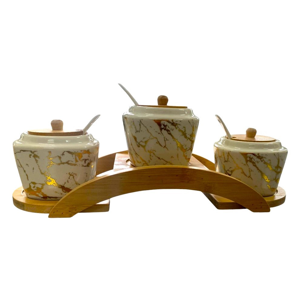 Set 3 borcanase pentru Condimente cu capace, lingurite si suport, Ceramica si Lemn