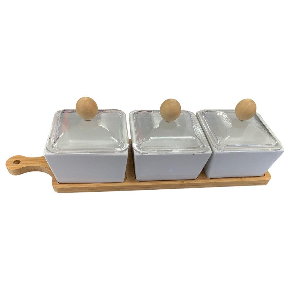 Set 3 recipiente ceramica cu capac plastic , Suport Bambus , 33x10 cm