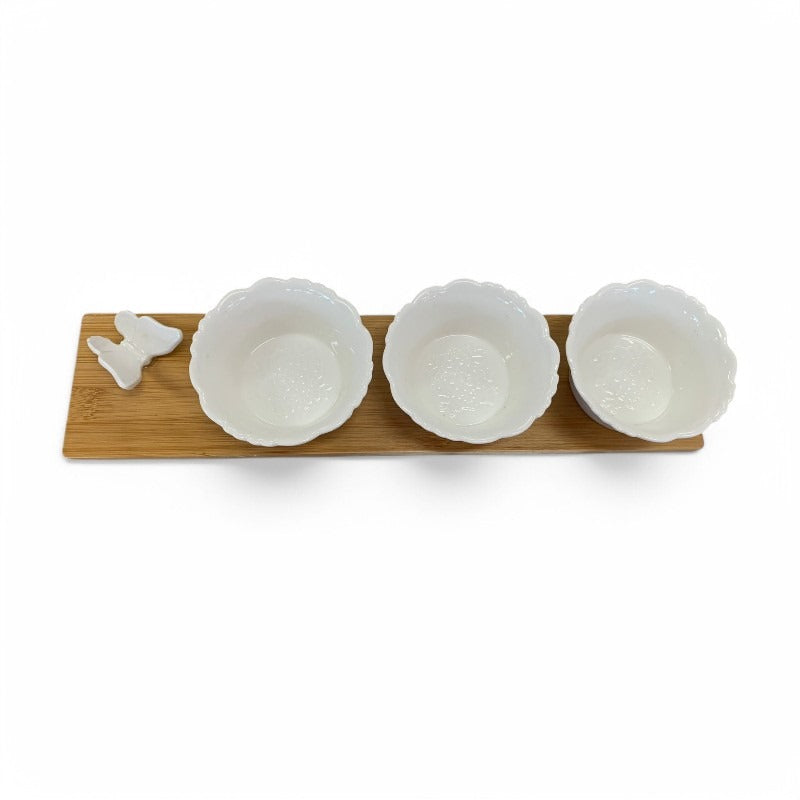 Set Boluri Albe Ceramice,Fluture , pe Suport Bambus