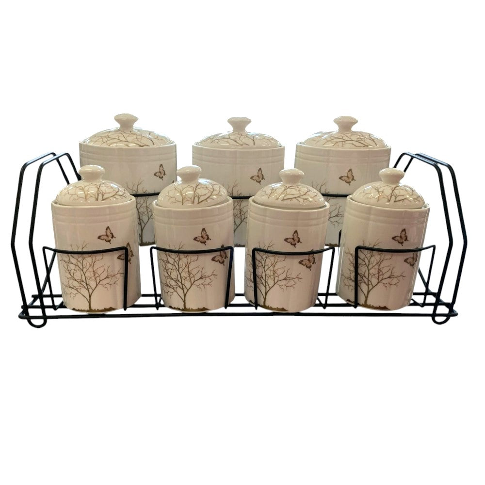 Set de 7 Recipiente pentru Condimente din portelan cu suport de metal, Luxury Collection
