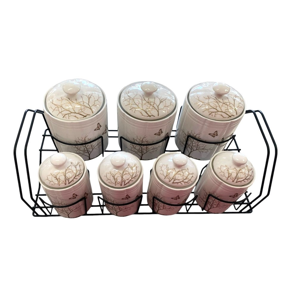 Set de 7 Recipiente pentru Condimente din portelan cu suport de metal, Luxury Collection
