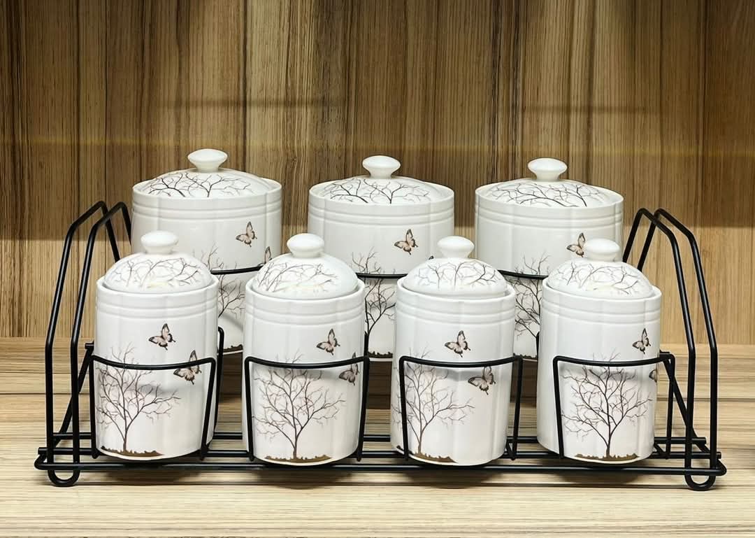 Set de 7 Recipiente pentru Condimente din portelan cu suport de metal, Luxury Collection