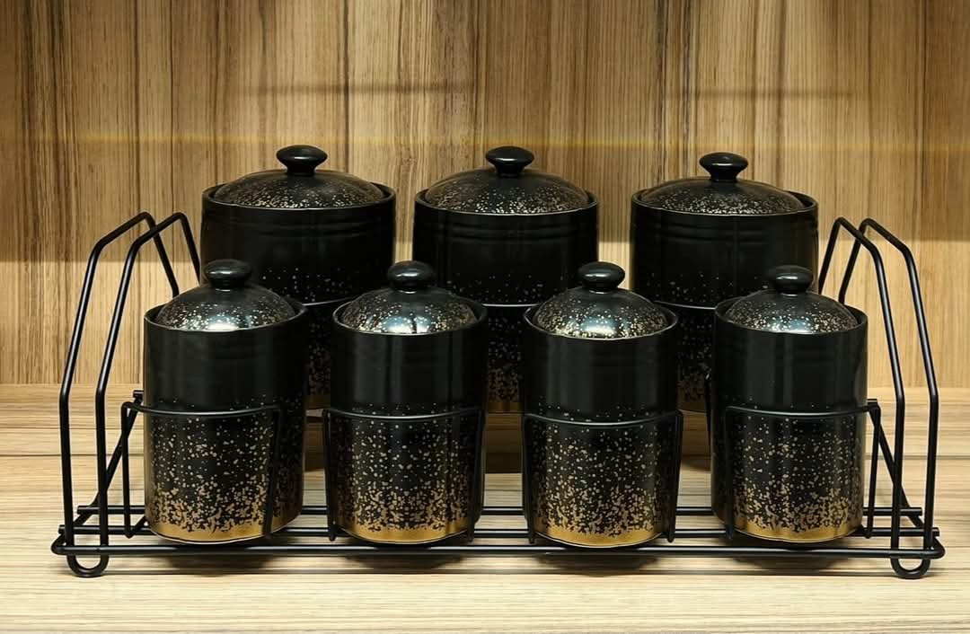 Set de 7 Recipiente pentru Condimente din portelan cu suport de metal, Luxury Collection