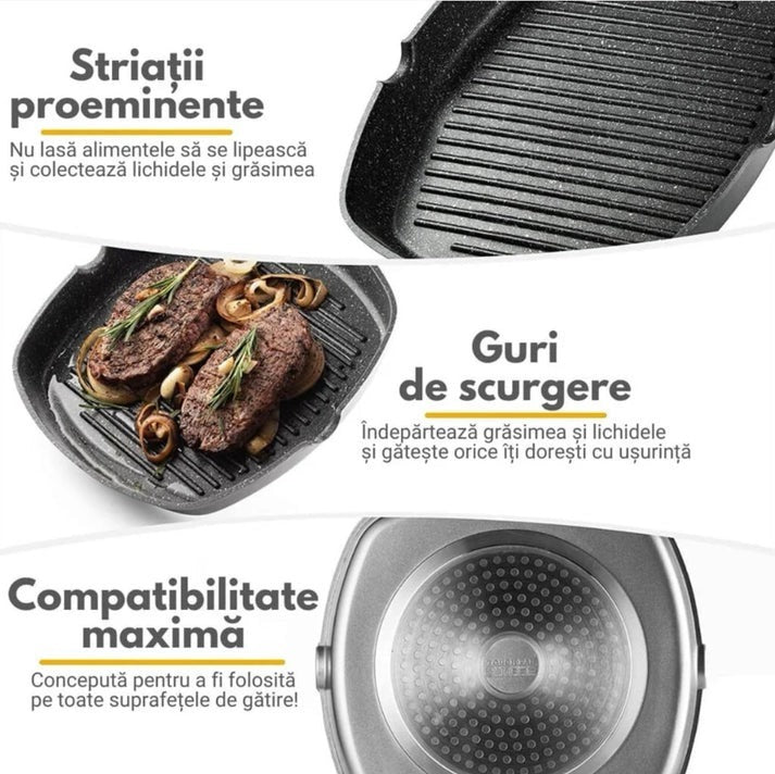 Tigaie Tip Gratar cu Capac Sticla si Maner 28 cm