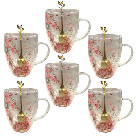 Set 6 Cani cu Pereti Dubli din sticla termorezistenta  , Flori Multicolore 350 ml si 6 Lingurite Aurii