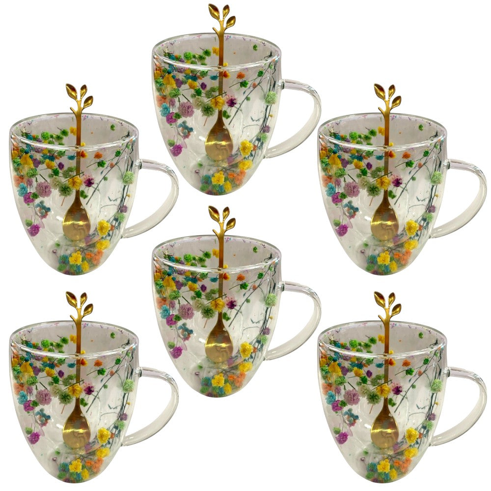 Set 6 Cani cu Pereti Dubli din sticla termorezistenta , Flori Multicolore 350 ml si 6 Lingurite Aurii