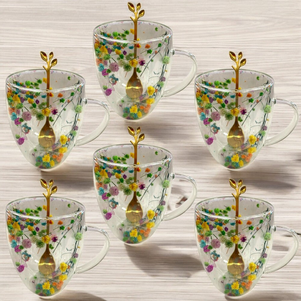 Set 6 Cani cu Pereti Dubli din sticla termorezistenta , Flori Multicolore 350 ml si 6 Lingurite Aurii