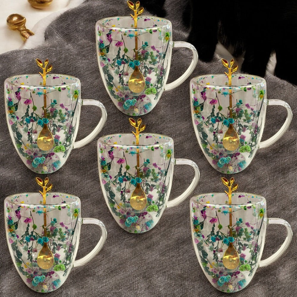 Set 6 Cani cu Pereti Dubli din sticla termorezistenta , Flori Multicolore 350 ml si 6 Lingurite Aurii