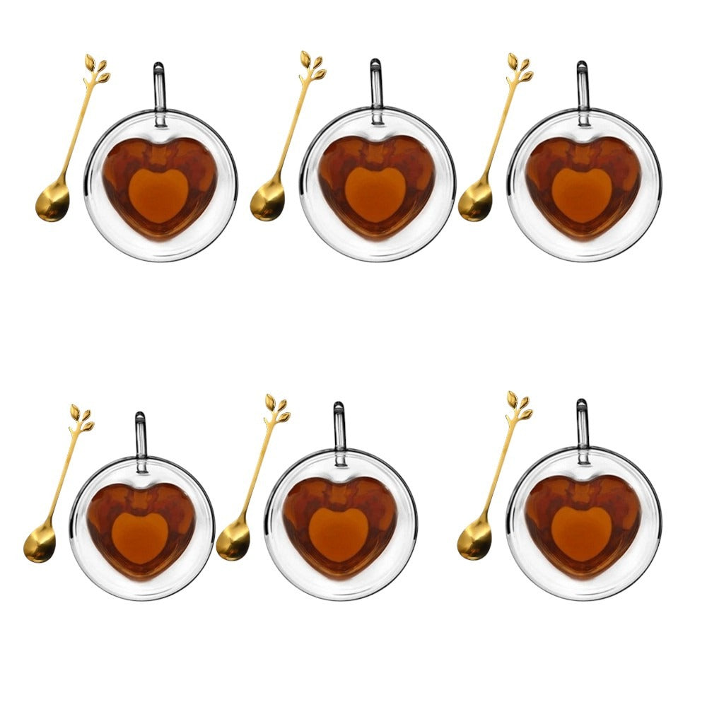 Set 6 Cani in Forma de Inima, 250 ml + 6 Lingurite Aurii, 13 cm