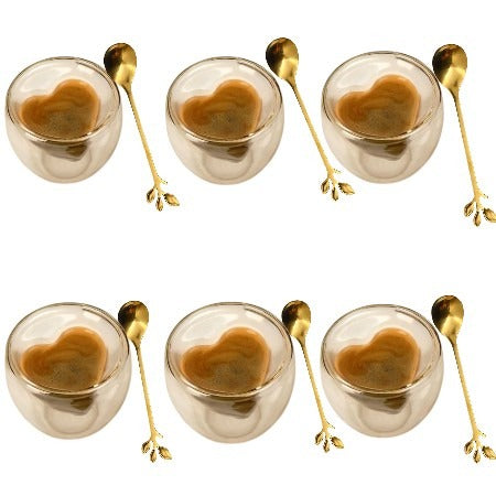 Set 6 Pahare in Forma de Inima, 180 ml + 6 Lingurite Aurii, 13 cm
