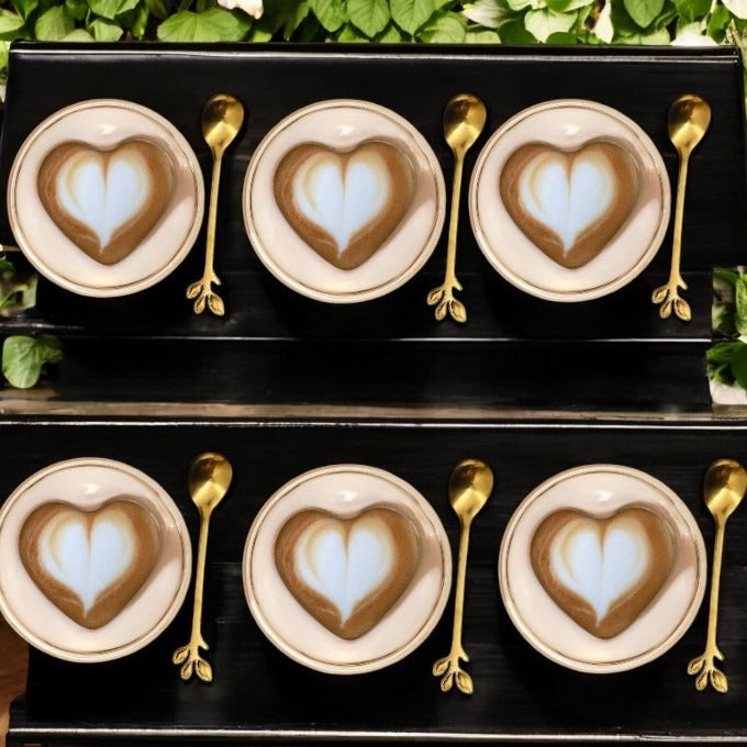 Set 6 Pahare in Forma de Inima, 180 ml + 6 Lingurite Aurii, 13 cm