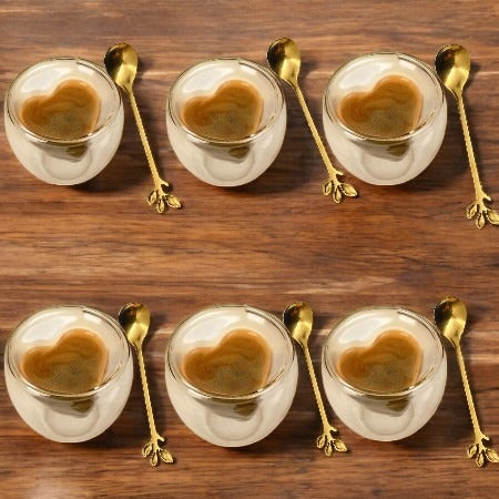 Set 6 Pahare in Forma de Inima, 180 ml + 6 Lingurite Aurii, 13 cm