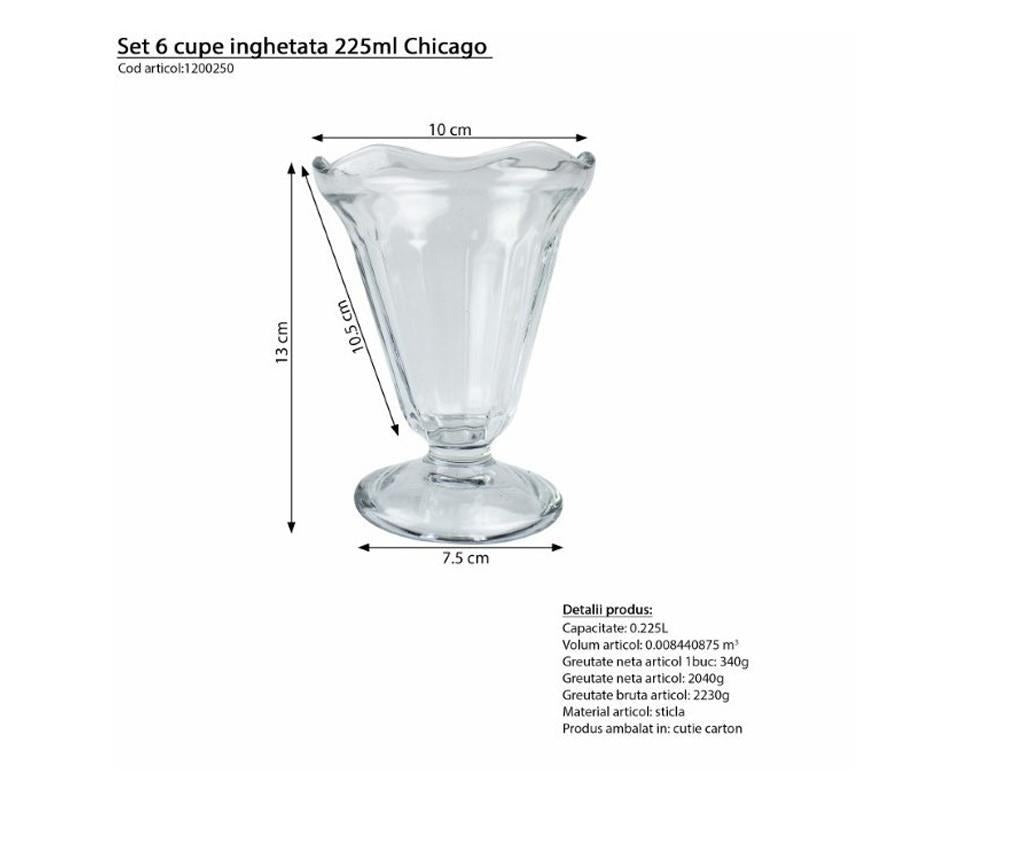 Set 6 cupe cu picior din sticla pentru Inghetata, 235 ml