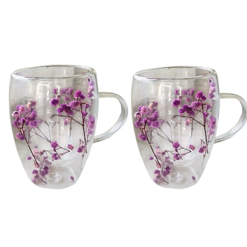 Set 2 Cani cu Pereti Dubli din sticla termorezistenta , Flori Multicolore 350 ml