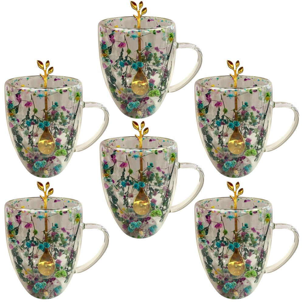 Set 6 Cani cu Pereti Dubli din sticla termorezistenta , Flori Multicolore 350 ml si 6 Lingurite Aurii