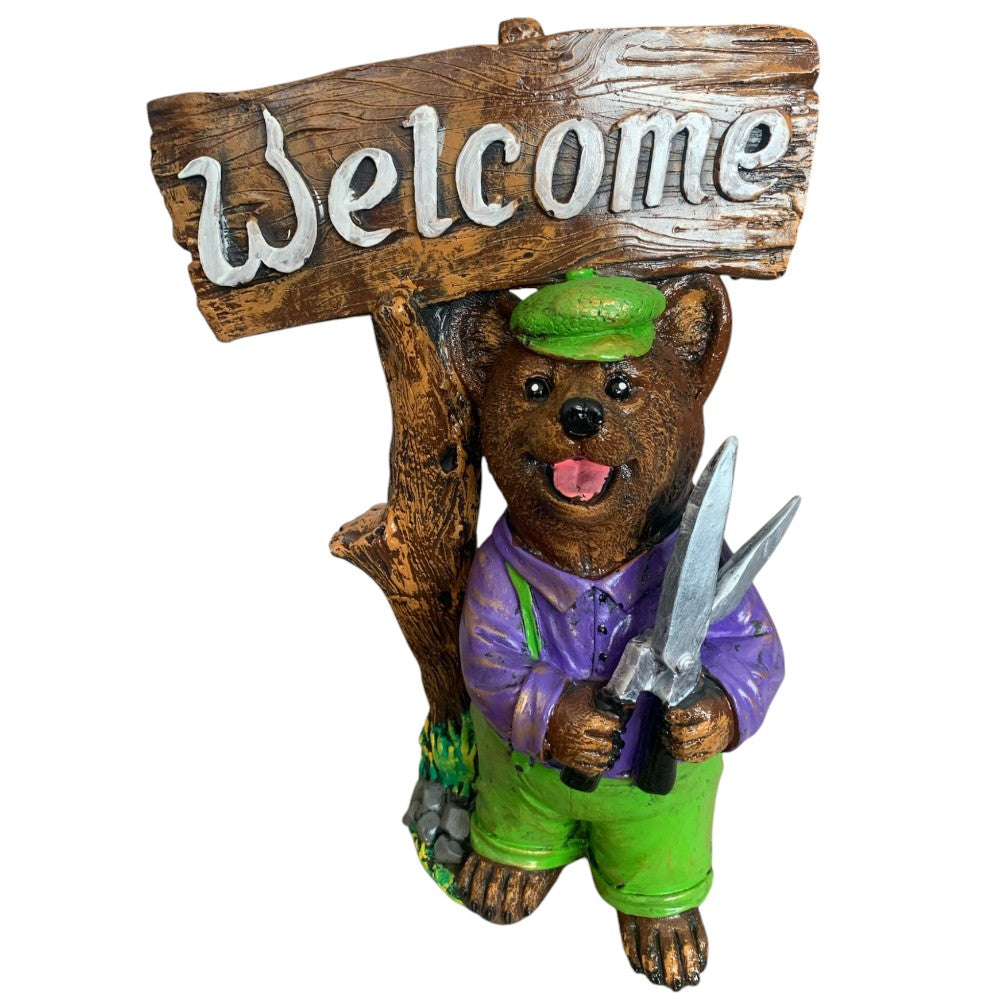 Decoratiune/Figurina de gradina ursulet Welcome, Ceramica,Pictat , 43 cm