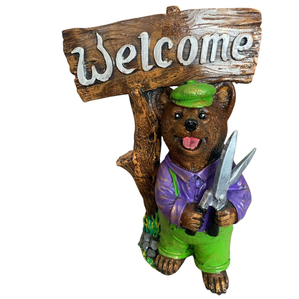 Decoratiune/Figurina de gradina ursulet Welcome, Ceramica,Pictat , 43 cm