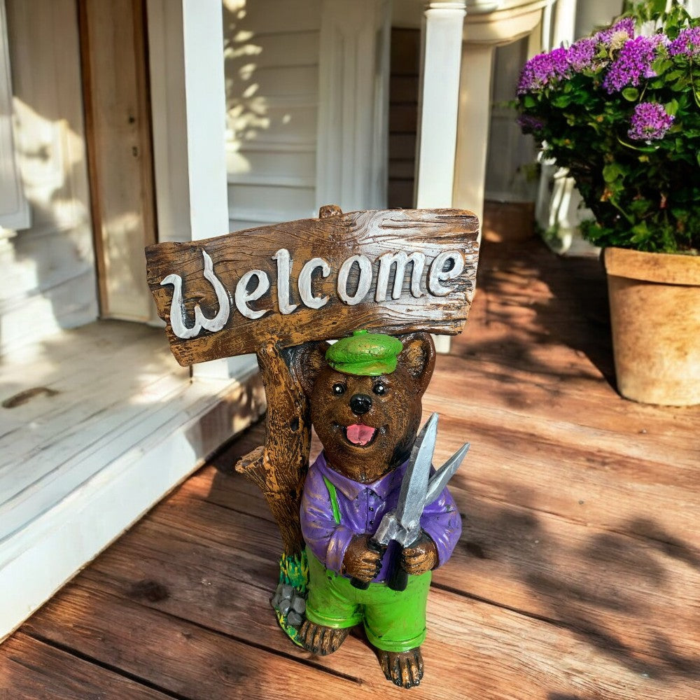 Decoratiune/Figurina de gradina ursulet Welcome, Ceramica,Pictat , 43 cm