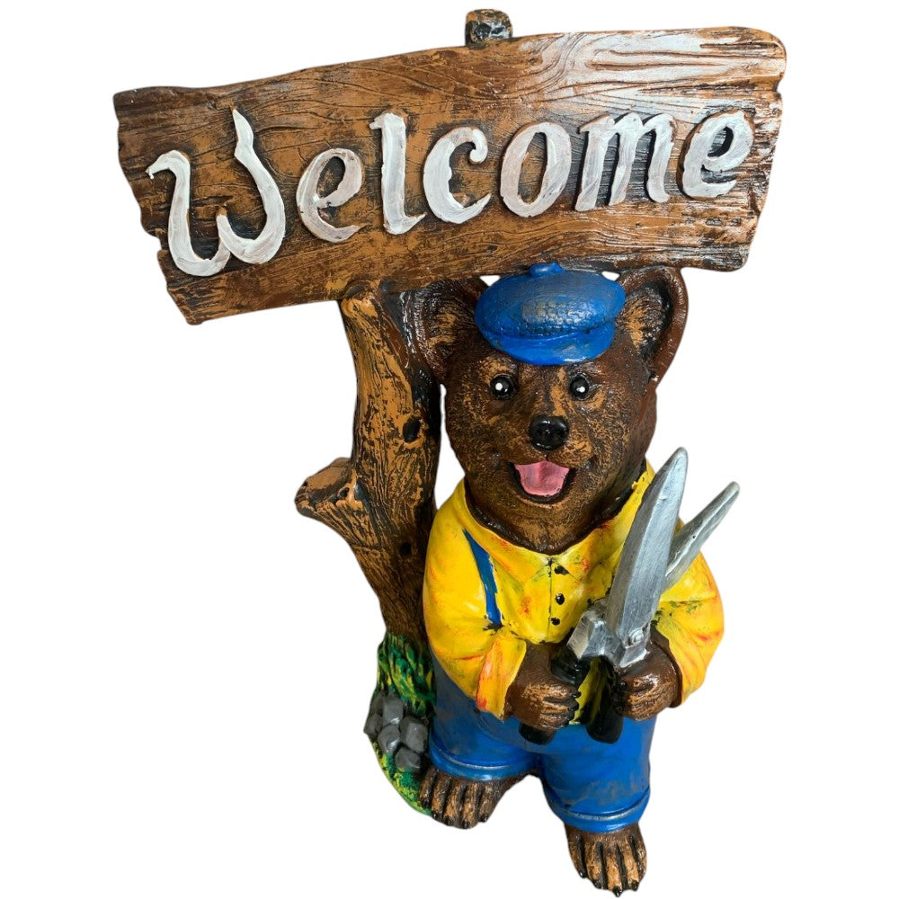 Decoratiune/Figurina de gradina ursulet Welcome, Ceramica,Pictat , 43 cm