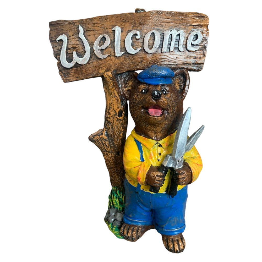 Decoratiune/Figurina de gradina ursulet Welcome, Ceramica,Pictat , 43 cm