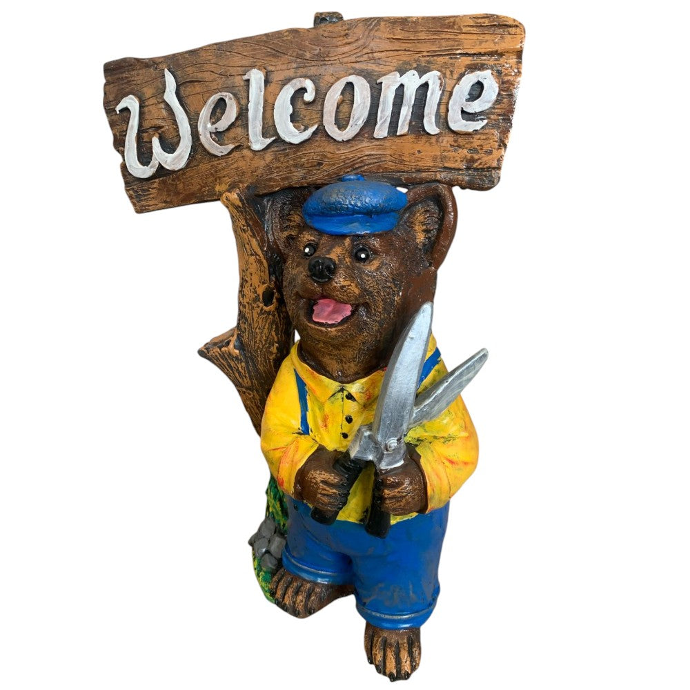 Decoratiune/Figurina de gradina ursulet Welcome, Ceramica,Pictat , 43 cm