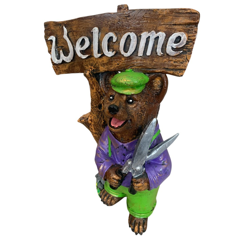 Decoratiune/Figurina de gradina ursulet Welcome, Ceramica,Pictat , 43 cm