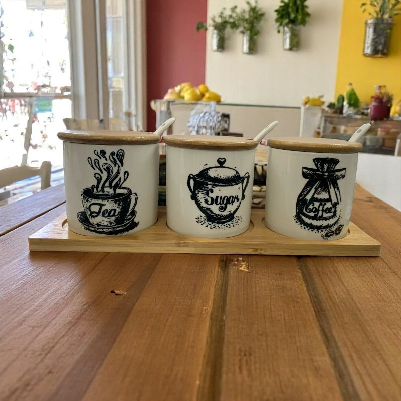 Set 3 Recipiente Ceramica pentru zahar,cafea si ceai cu lingurite pe suport lemn