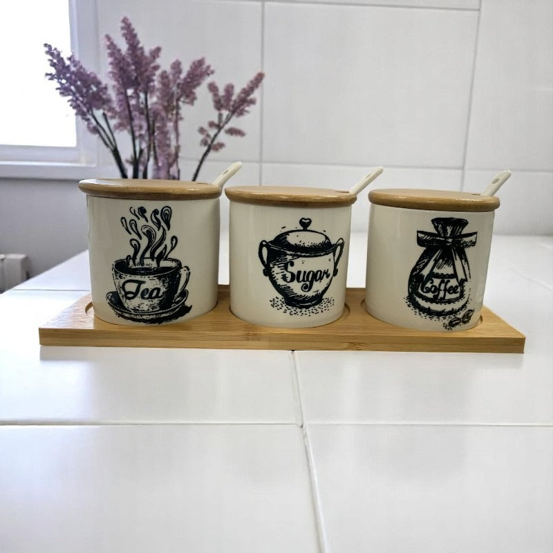 Set 3 Recipiente Ceramica pentru zahar,cafea si ceai cu lingurite pe suport lemn