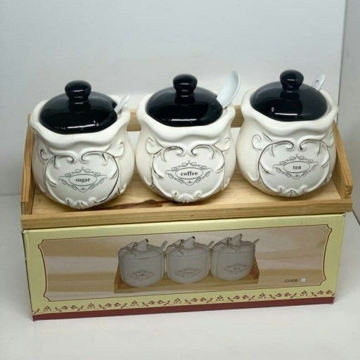 Set 3 recipiente ceramica pentru Zahar, Cafea, Ceai , cu lingurita si Suport din lemn
