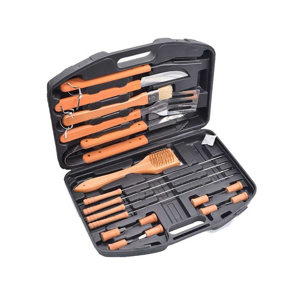 Geanta cu 18 Accesorii multifunctionale pentru gratar cu maner din memn 43x30x7.5 cm
