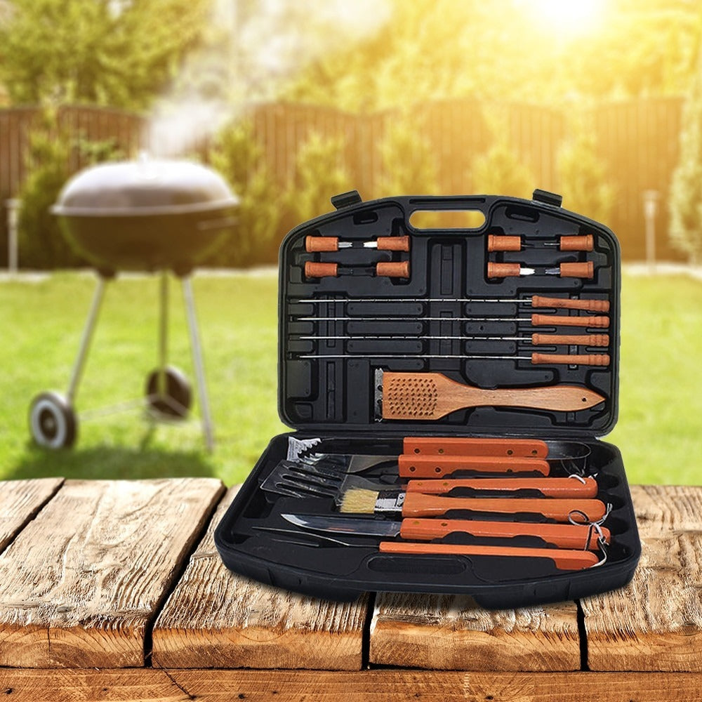 Geanta cu 18 Accesorii multifunctionale pentru gratar cu maner din memn 43x30x7.5 cm