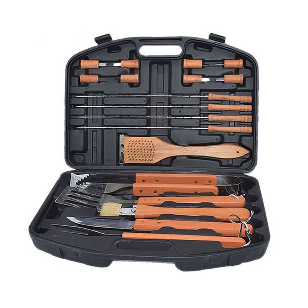 Geanta cu 18 Accesorii multifunctionale pentru gratar cu maner din memn 43x30x7.5 cm