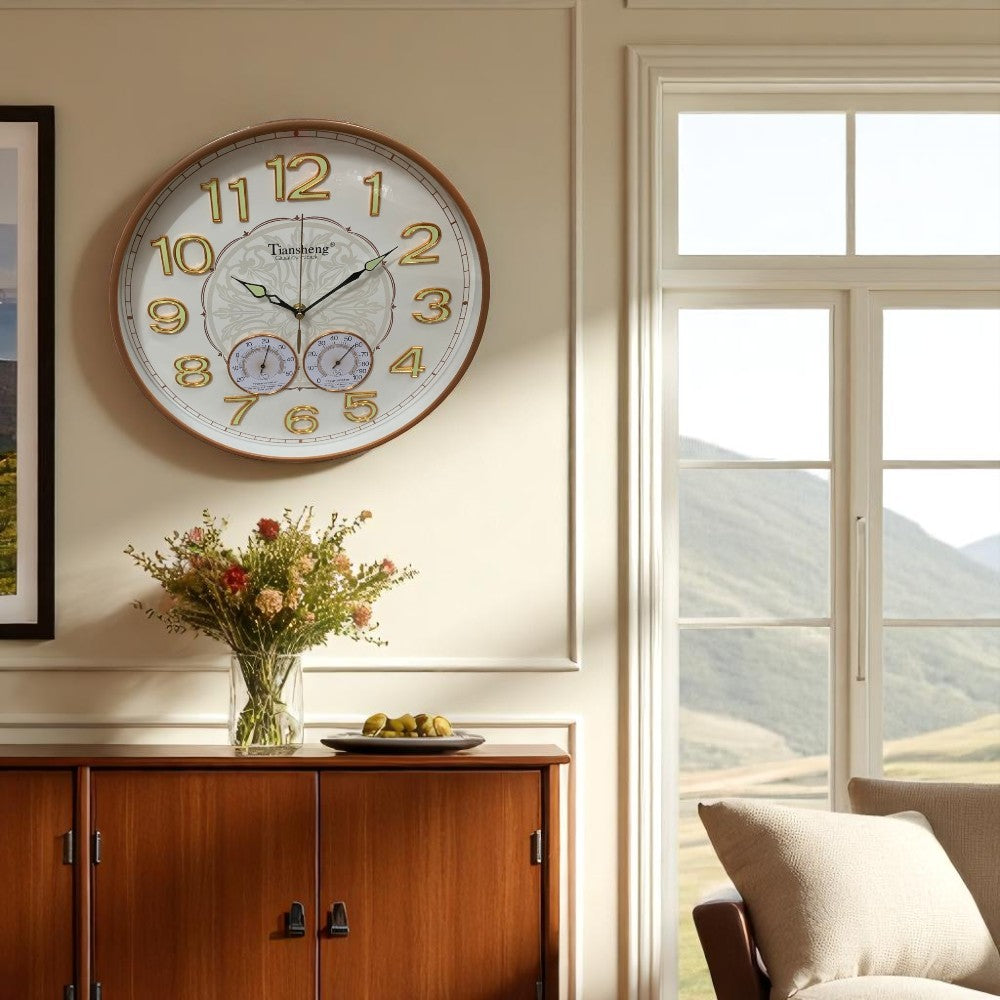 Ceas de perete Fosforescent cu indicator de Umiditate si Temperatura ,plastic , 35 cm