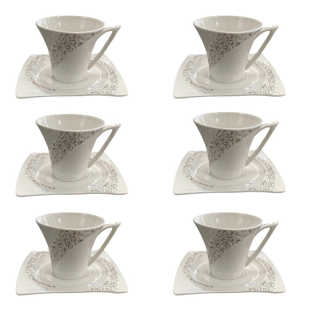 Set 6 cesti Portelan fin, 130 ml cu 6 farfurii ,Alb-Argintiu, Luxury Collection