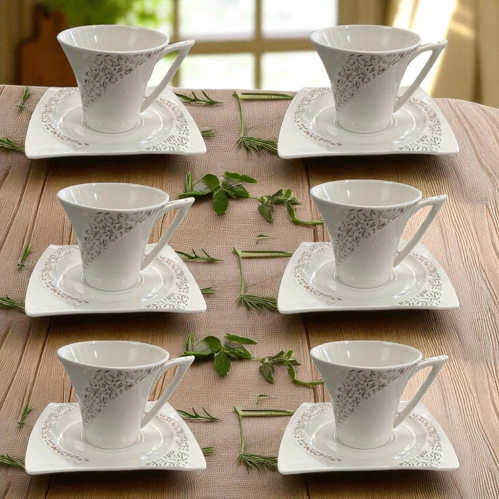 Set 6 cesti Portelan fin, 130 ml cu 6 farfurii ,Alb-Argintiu, Luxury Collection