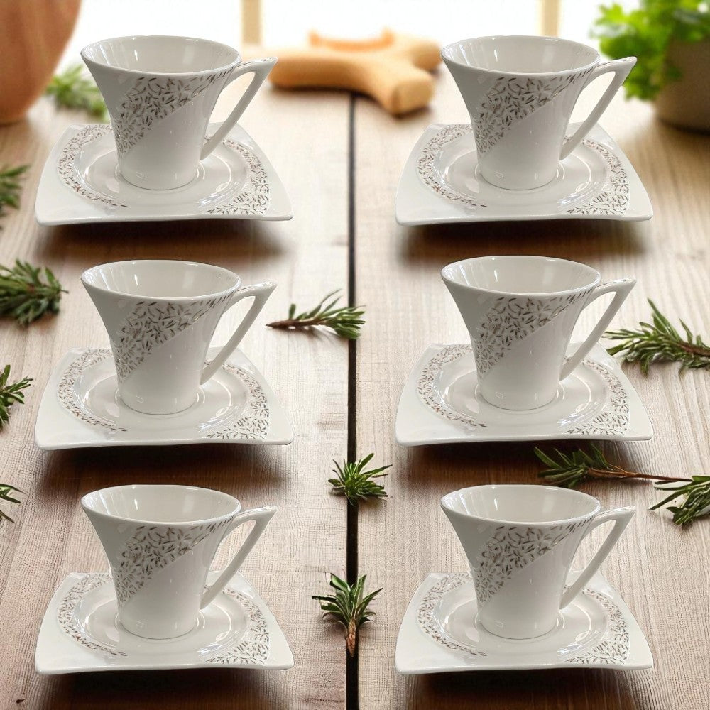 Set 6 cesti Portelan fin, 130 ml cu 6 farfurii ,Alb-Argintiu, Luxury Collection