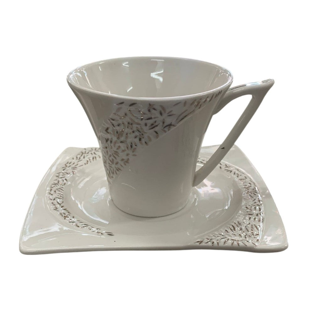 Set 6 cesti Portelan fin, 130 ml cu 6 farfurii ,Alb-Argintiu, Luxury Collection