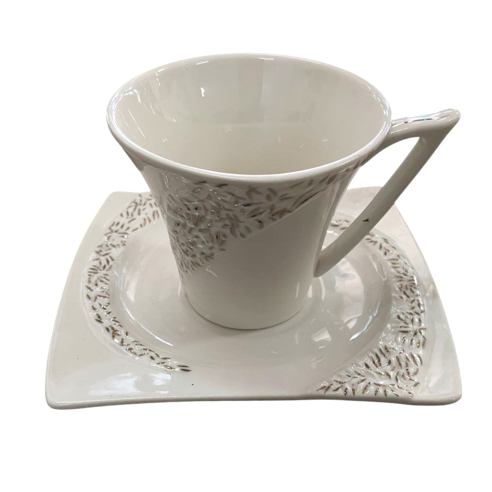 Set 6 cesti Portelan fin, 130 ml cu 6 farfurii ,Alb-Argintiu, Luxury Collection