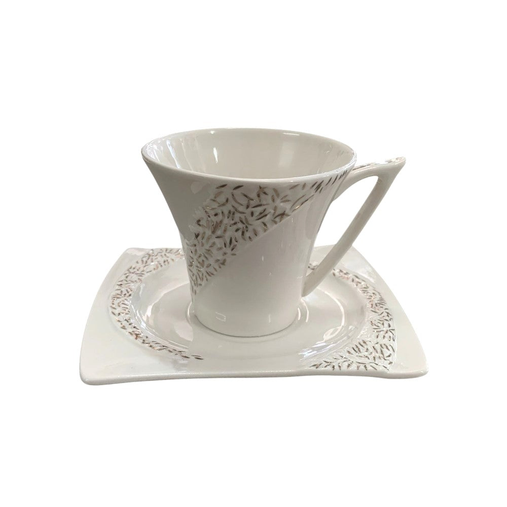 Set 6 cesti Portelan fin, 130 ml cu 6 farfurii ,Alb-Argintiu, Luxury Collection