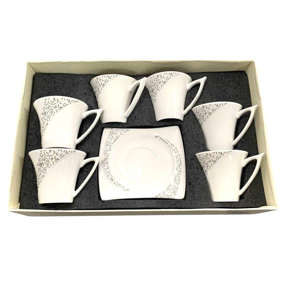Set 6 cesti Portelan fin, 130 ml cu 6 farfurii ,Alb-Argintiu, Luxury Collection