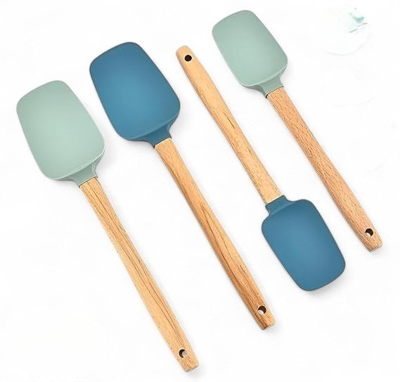 Spatula silicon cu maner lemn, 28 cm, diverse culori