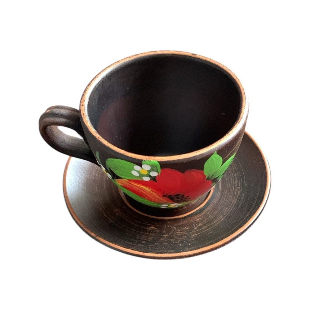 Set Ceasca lut rosu pictata, model floral , 200 ml cu farfurioara