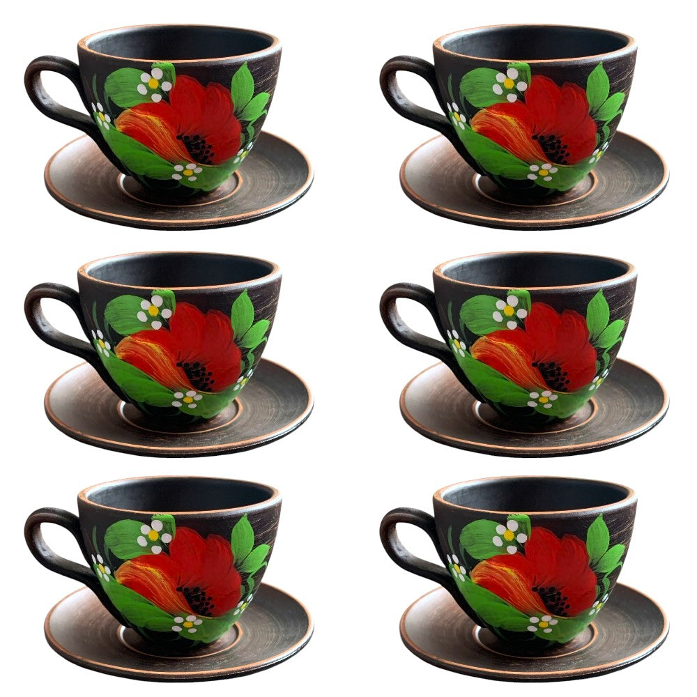 Set Ceasca lut rosu pictata, model floral , 200 ml cu farfurioara