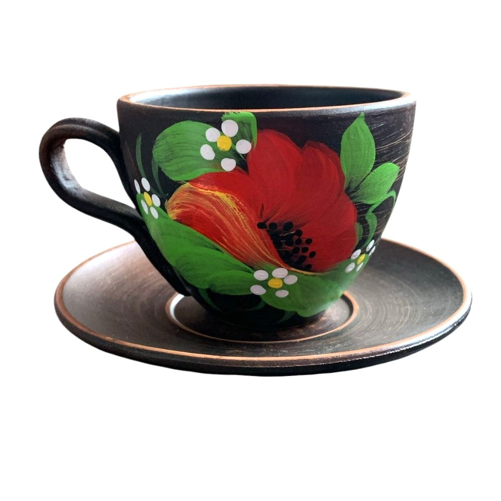 Set Ceasca lut rosu pictata, model floral , 200 ml cu farfurioara