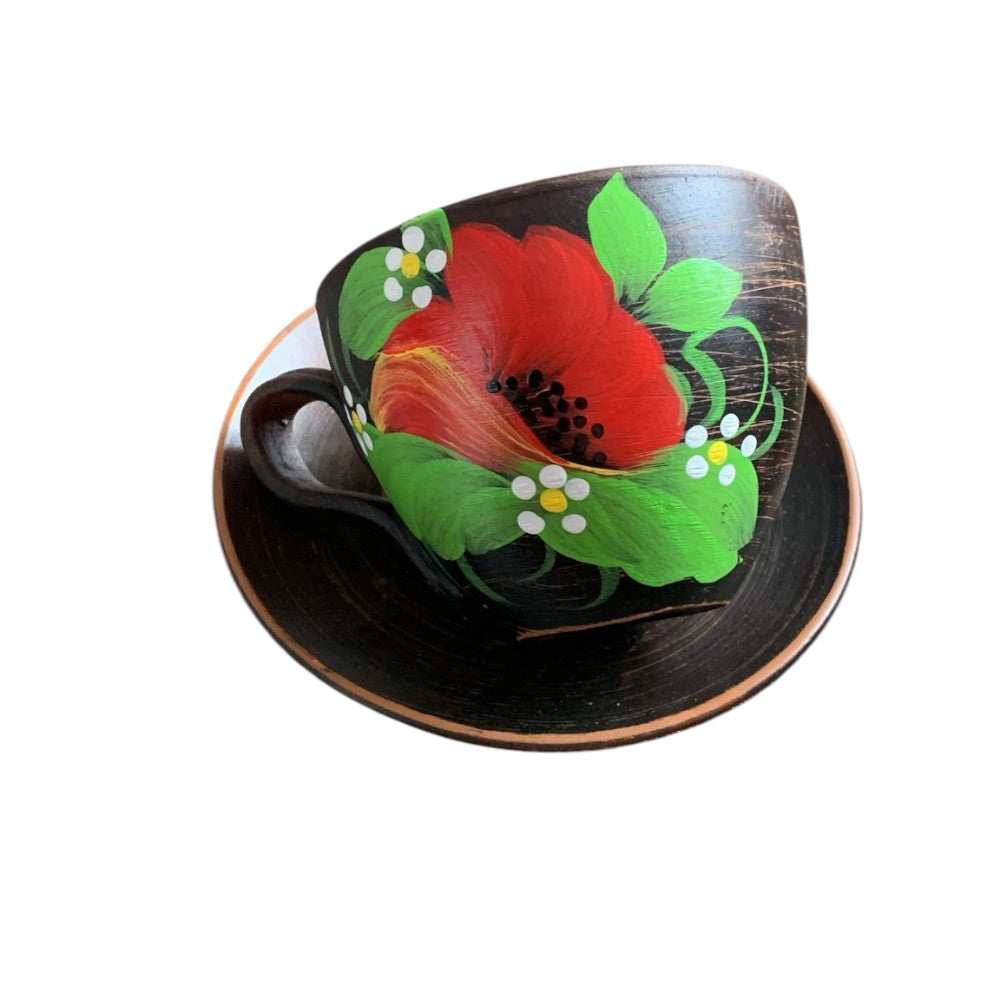 Set Ceasca lut rosu pictata, model floral , 200 ml cu farfurioara