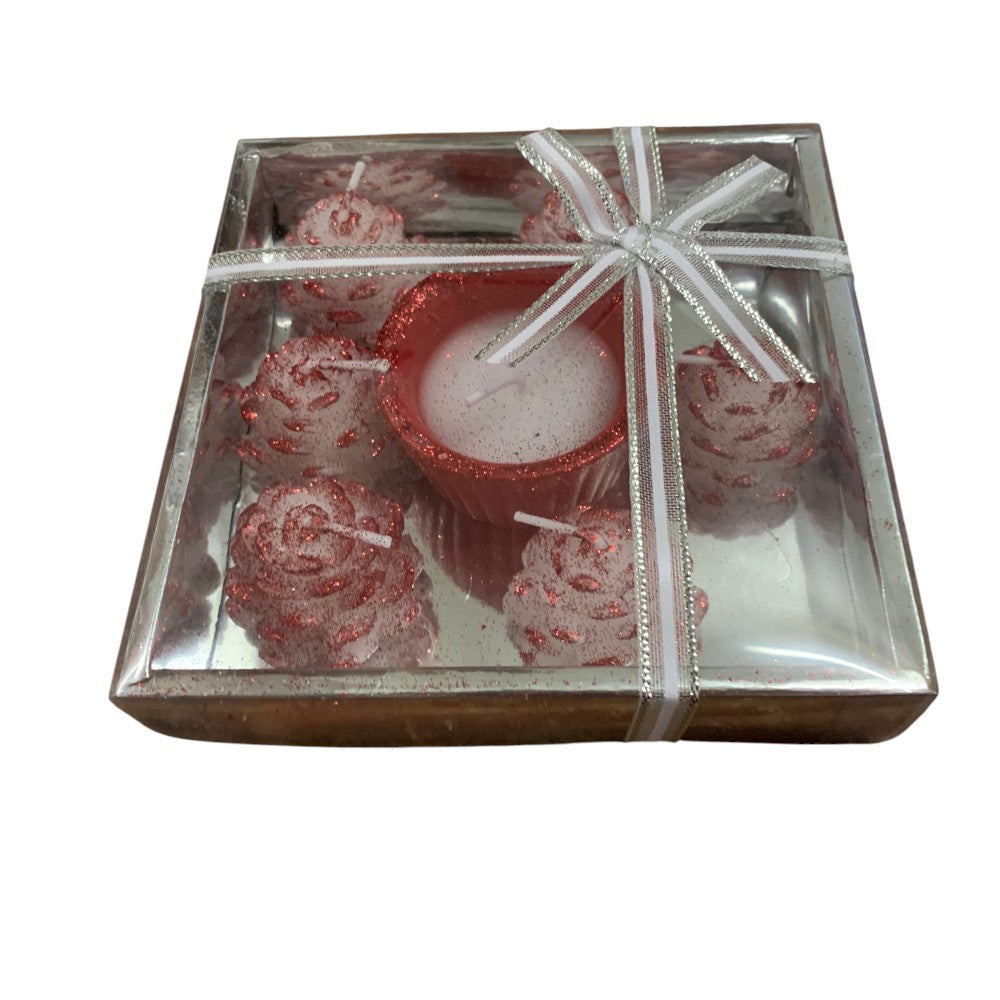 Set 7 lumanarele decorative , Alb- Rosu cu sclipici