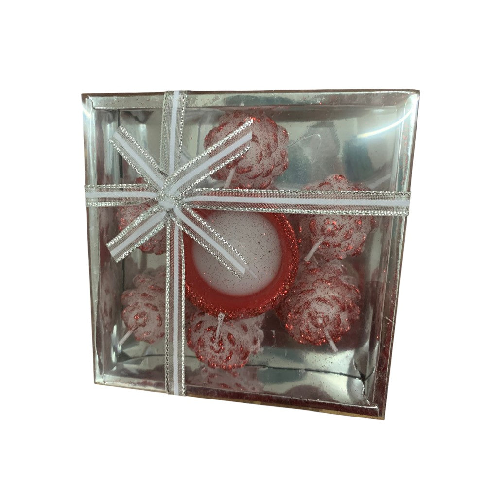 Set 7 lumanarele decorative , Alb- Rosu cu sclipici