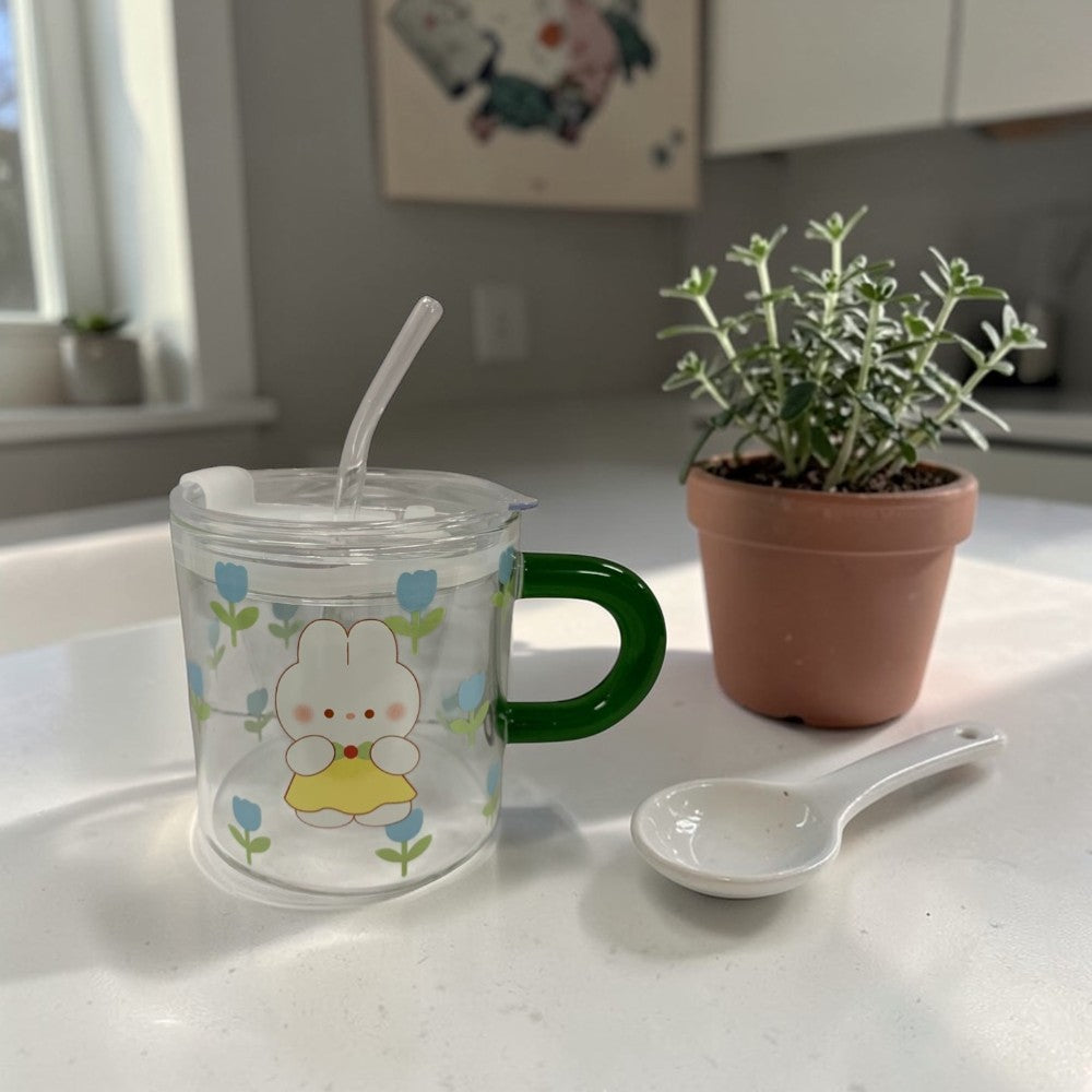 Cana cu maner si pai din sticla,Gradata , Inchidere Ermetica , 600 ml