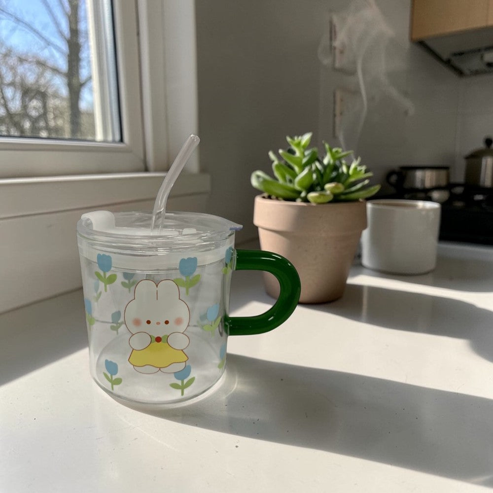 Cana cu maner si pai din sticla,Gradata , Inchidere Ermetica , 600 ml